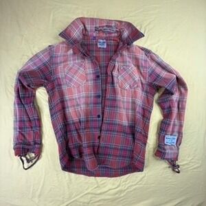 Gallery Dept Mens Plaid Distressed Flannel Shirt Red Orange Large Made in USA